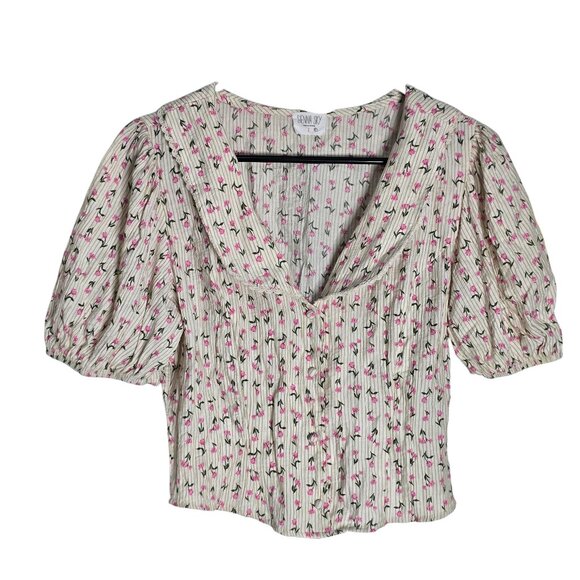 Sienna Sky Cream Button Down Short Sleeve Shirt with Pink Flowers Size Large - Picture 1 of 4